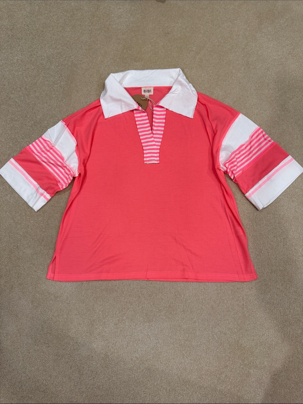 BiBi Pink Lightweight Polo with White Collar and Striped Sleeve Accents